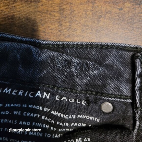 American Eagle Jeans Size 28x32 Skinny Black Wash Flex Stretch Denim Ripped - Picture 5 of 13